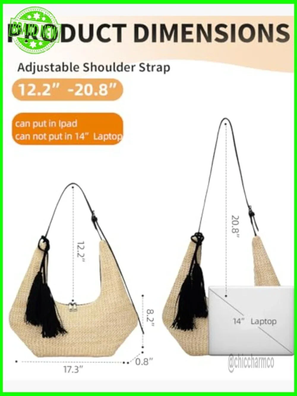 Straw Hobo Crossbody Bag with Adjustable Strap, Tassel Design, Spacious